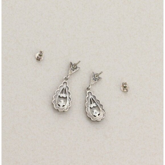 Sterling Silver Marcasite Scallop Design Earrings Dangle Drop 1 1/4" x 3/8" - Picture 6 of 7